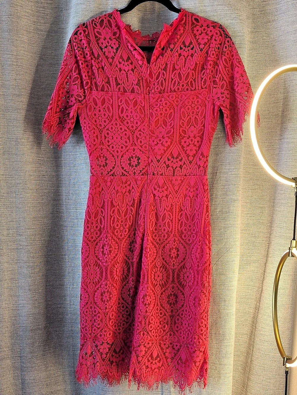 Lulus Remarkable Fuchsia Lace Short Sleeve Mini Dress Midi Dress Small